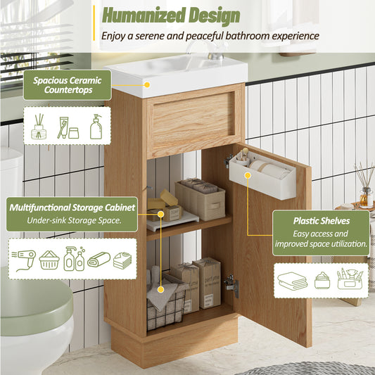 15.75  Bathroom Vanity With Reversible Resin Sink, MDF Cabinet With Adjustable Shelf And Push-to-Open Door, Wood Grain Melamine Finish, Reversible Door, Rustic Style For Small Spaces