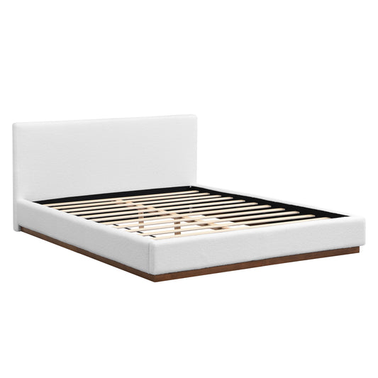 Elegant White Fabric Upholstered Bed With Nice Wood Grain Textured Solid Wood Base Frame,White,Queen