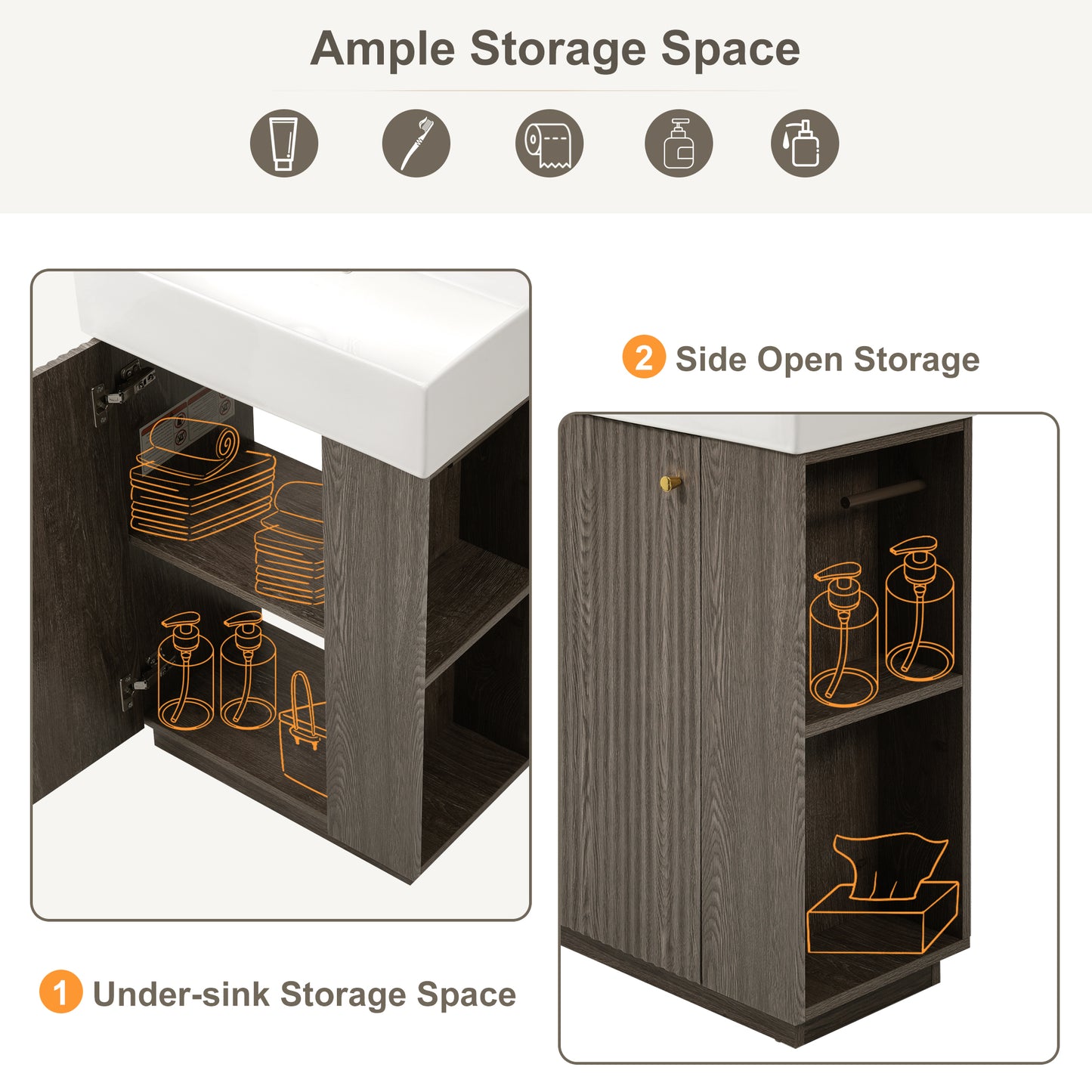 21.6  Bathroom Vanity With Ceramic Sink, Freestanding Modern Left Door Wood Grain Cabinet With Open And Closed Storage