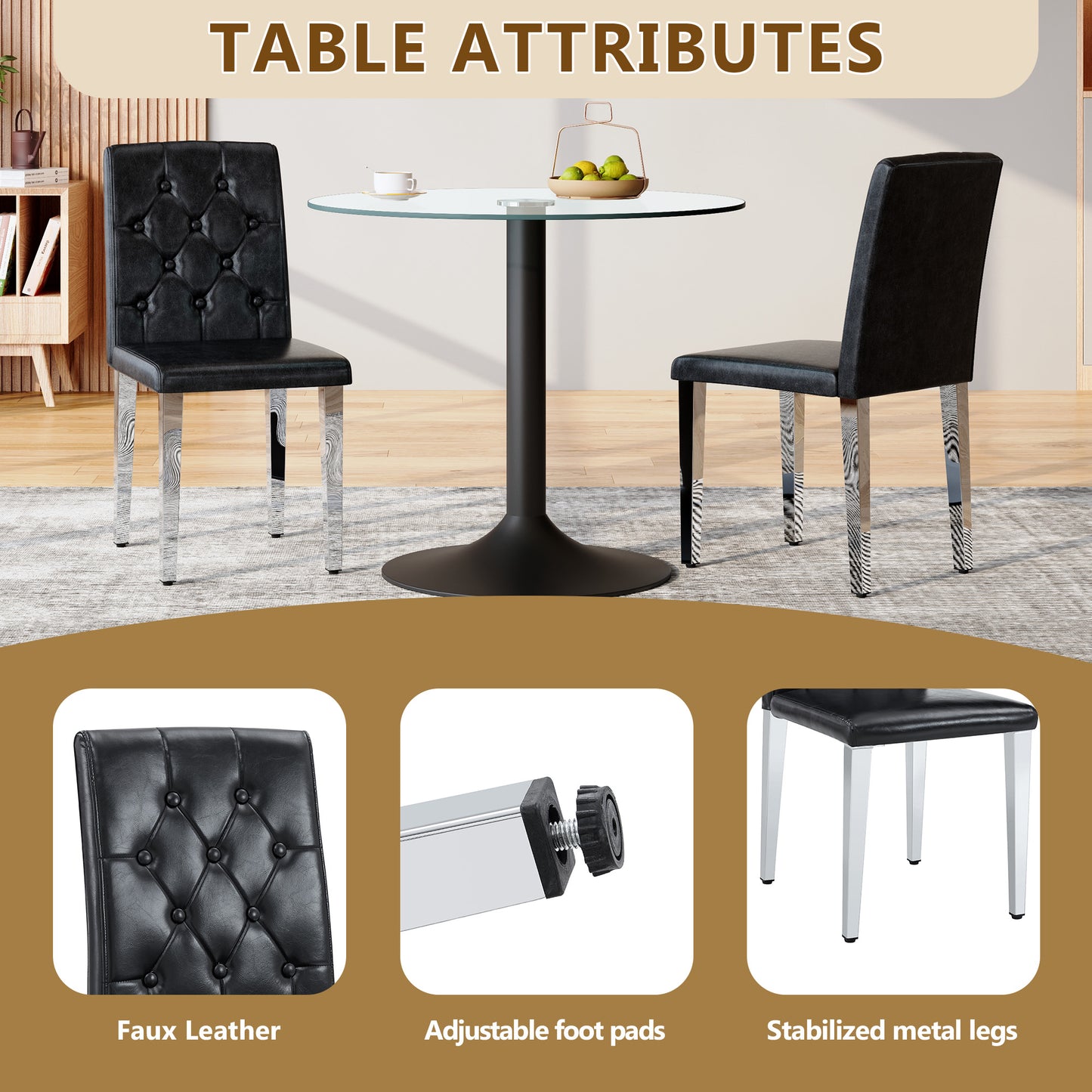 2-pack Black PU Dining Chairs  Ergonomic Buckle Backrest, 35 Inches High, Silver Metal Legs,Combines Comfort And Texture.Perfectly Suitable For Family Dining Rooms, Hotel Banquet Halls,etc.