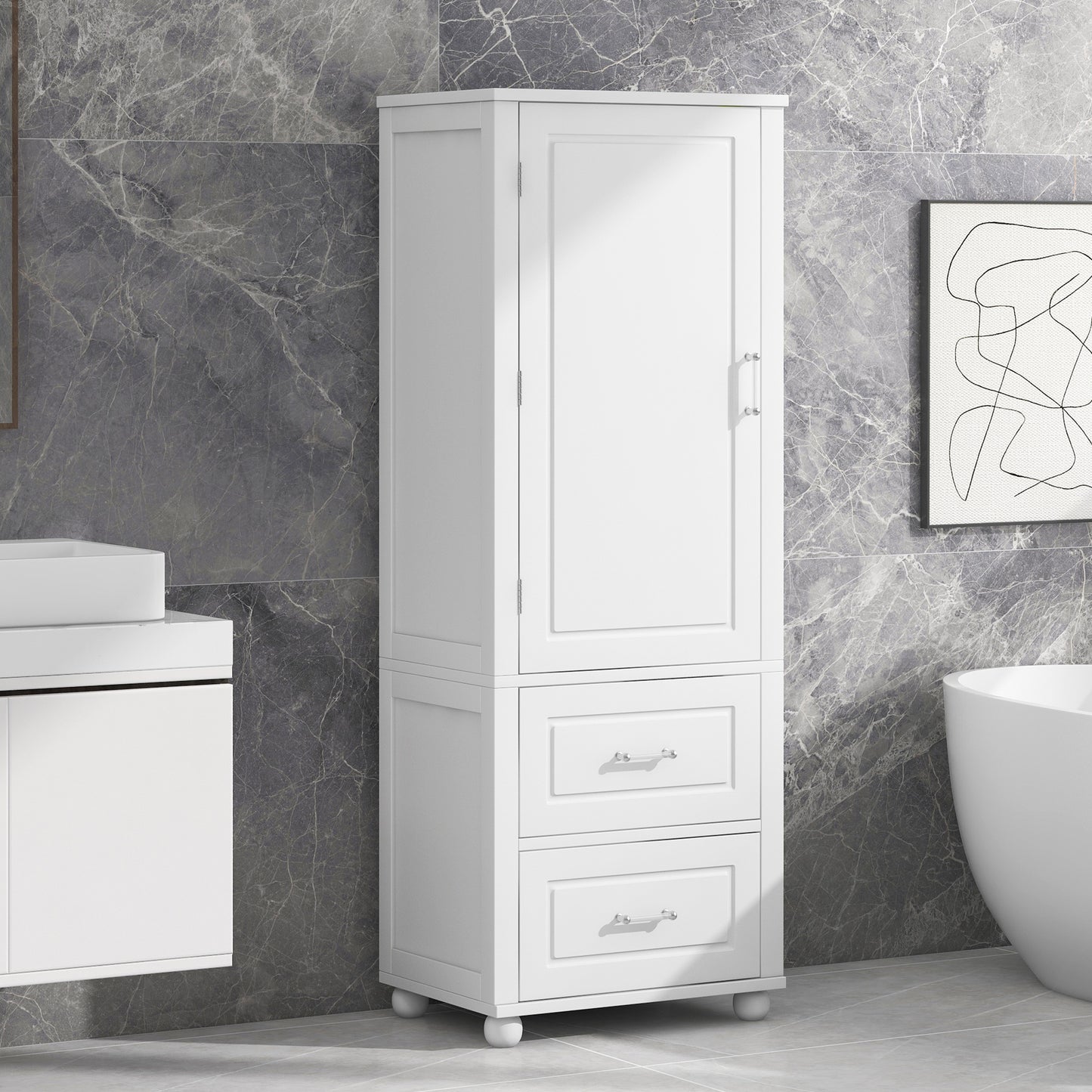 Tall Bathroom Storage Cabinet, Freestanding Storage Cabinet With Two Drawers And Adjustable Shelf, MDF Board With Painted Finish, White