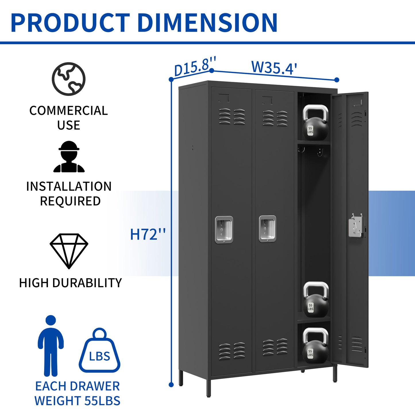3 Door 72 H Metal Lockers With Lock For Employees,Storage Locker Cabinet  For Home Gym Office School Garage,Black