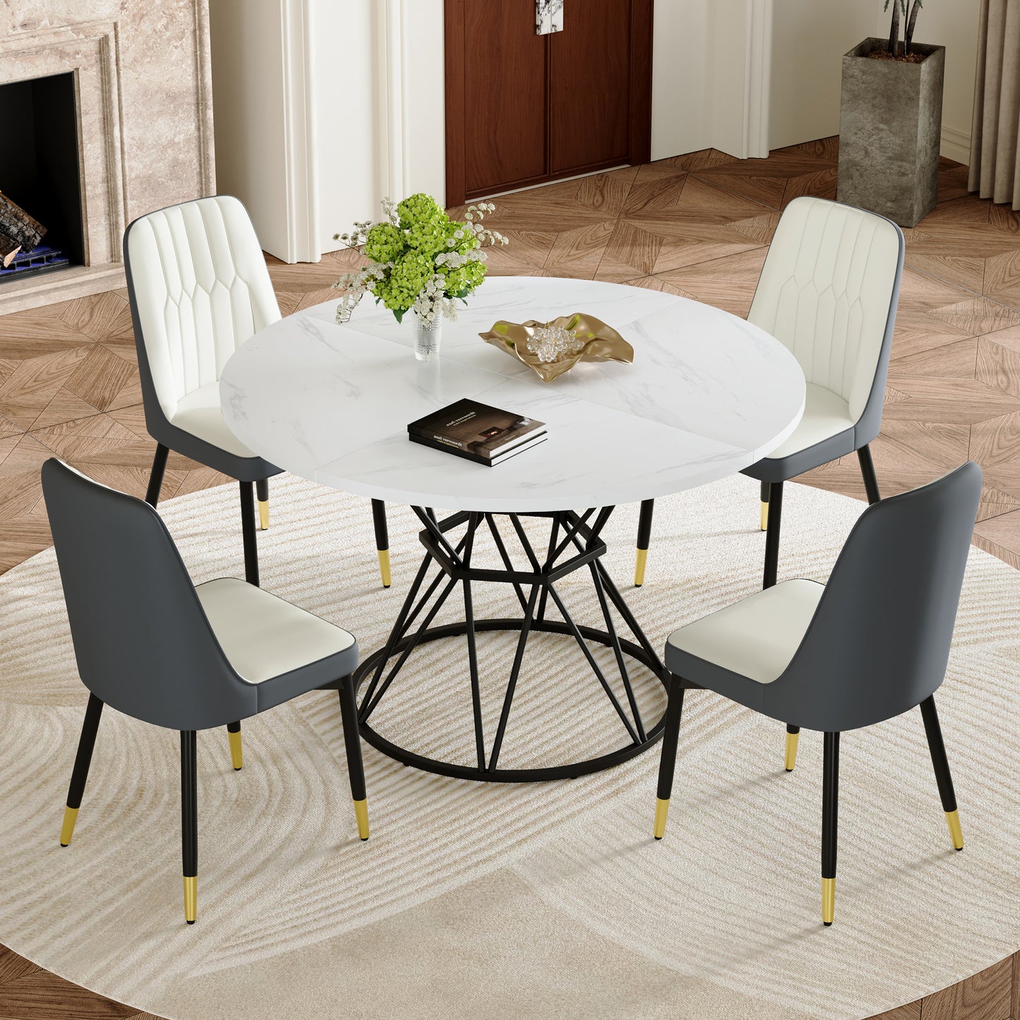 Table And Chair Set.A Circular White MDF Dining Table With A Diameter Of 47.3 Inches, Black Hourglass Shaped Metal Brackets.Paired With 4 White And Dark Gray Spliced Color PU Chairs.