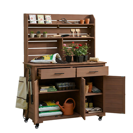 Assembly Video  TOPMAx 65 H Large Garden Potting Bench With Lockable Wheels And Storage Cabinet  Wood Outdoor Kitchen Island Prep Cart With Hutch Top  Drawers And Removal Shelves For Grilling  Brown