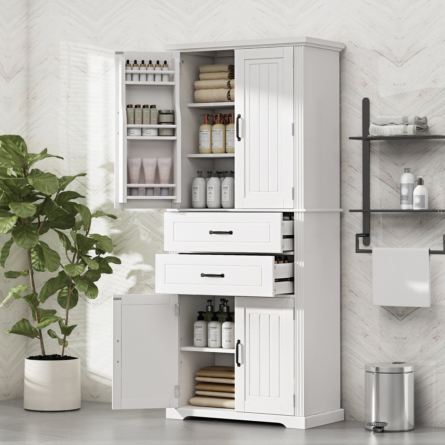 Video Storage Cabinet With Multi-Functional Storage Space, Doors With Storage Shelves, 2 Drawers, Adjustable Shelf, White  Same Sku N759P293426K