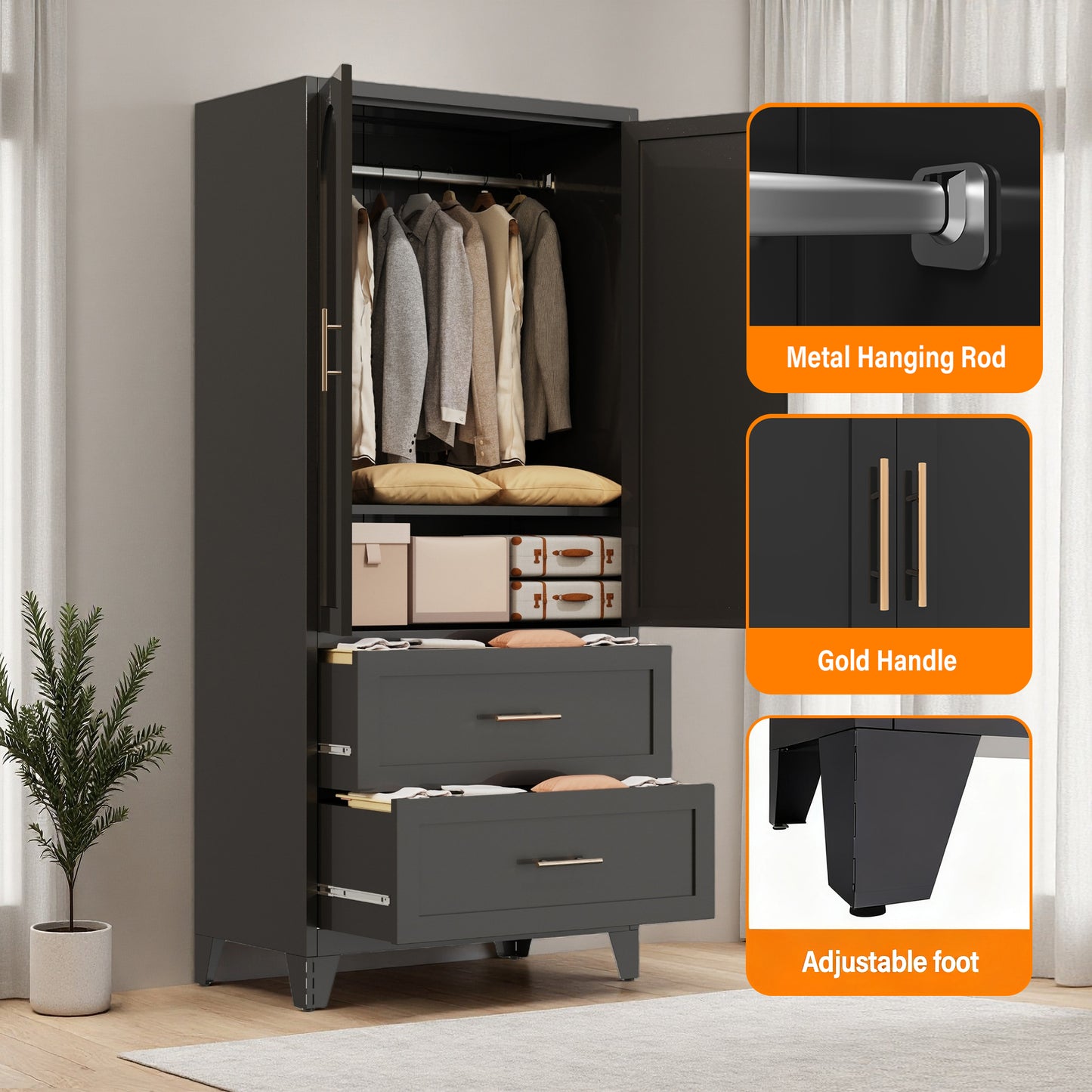 71 Tall Metal Wardrobe Cabinet With 2 Drawers And Hanging Rod, 2 Doors Wardrobe Closet With Shelf For Bedroom, Office, Laundry Room,Entryway ,Foyer,Guesthouse  Black