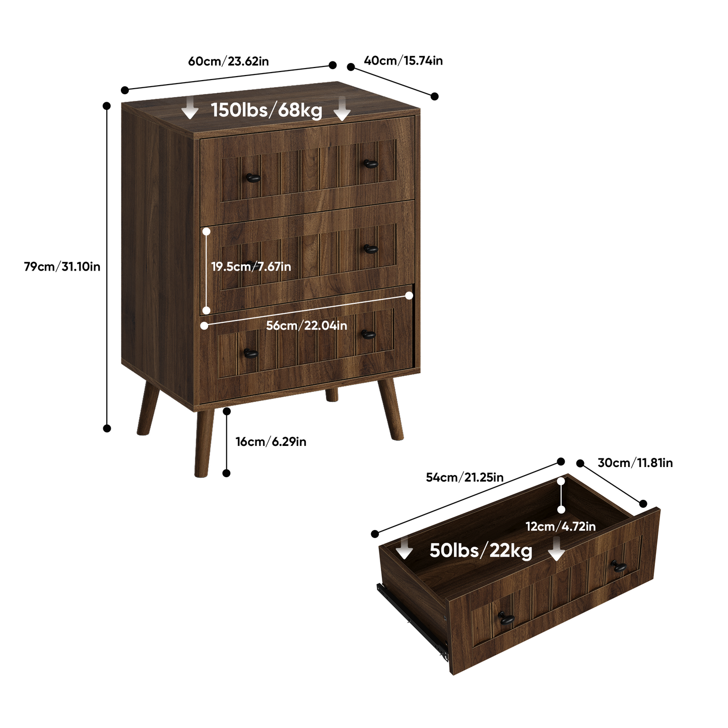 3 Drawer Dresser, Modern Wardrobe Dresser Chest Of Drawers, Wooden Storage Storage Cabinet, Dresser Storage Cabinet, Suitable For Living Room, Bedroom, Corridor Walnut