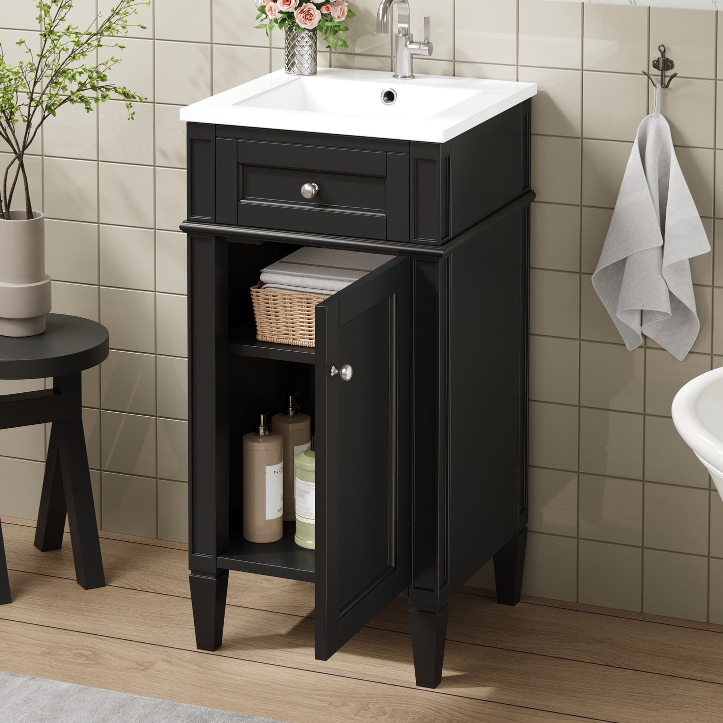 16-inch Bathroom Vanity With Ceramic Sink, Freestanding Single Vanity Set With Soft Closing Door, Adjustable Shelf, French Style, Solid Feet, Black