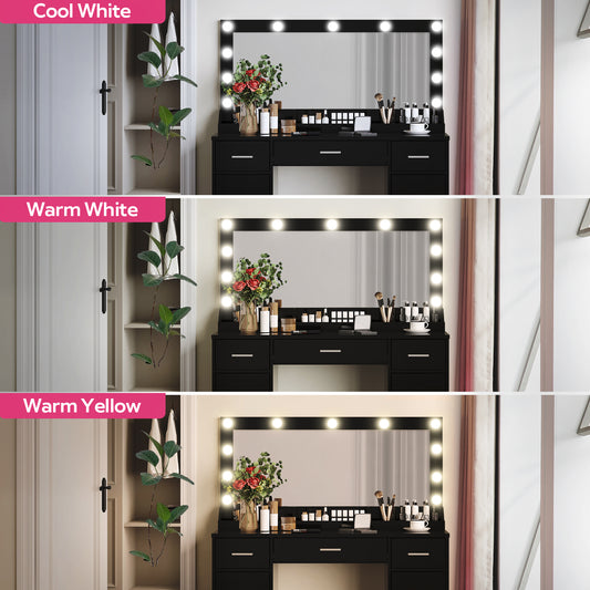 47.2 Vanity Desk With Large Mirror, 3 Colour Lighting Modes, Adjustable Brightness, Dresser With 3 Drawers & 2 Vertical Cabinets, Makeup Vanity Table For Women &  Girls  Black