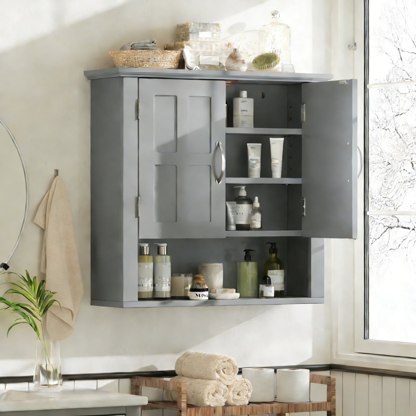 Bathroom Wall Storage Cabinet,  Multi -functional Wall Mounted Cabinet With Adjustable Shelves, Medicine Cabinet For Laundry Room & Kitchen & Living Room, Gray