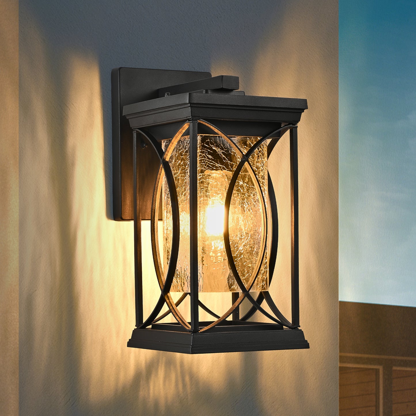 14 H 1-pack Black Outdoor Wall Lantern With Crackled Glass, Weather-Resistant Exterior Light Fixture For Porch, Patio, And Entryway, Modern Decorative Wall Sconce With E26 Base Bulb Not Included