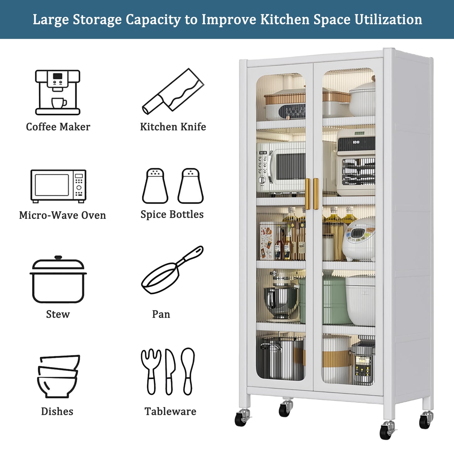 65  Kitchen Pantry Storage Cabinet, 6 Tier Metal Display Storage Cabinet With Transparent Door, Adjustable Shelves & Wheels, Food Pantries Cabinets, For Kitchen, Living Room And Dining Room, White