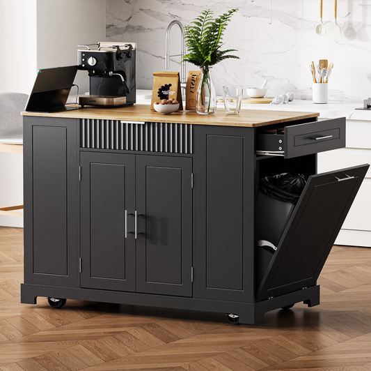 K&K Fluted Kitchen Island With Trash Can Storage Cabinet, Power Outlet, Internal Storage Rack, Rolling Kitchen Islands On 5 Wheels With 3 Drawer, 3 Open Side Racks For 10 Gallon Garbage Bin, Black