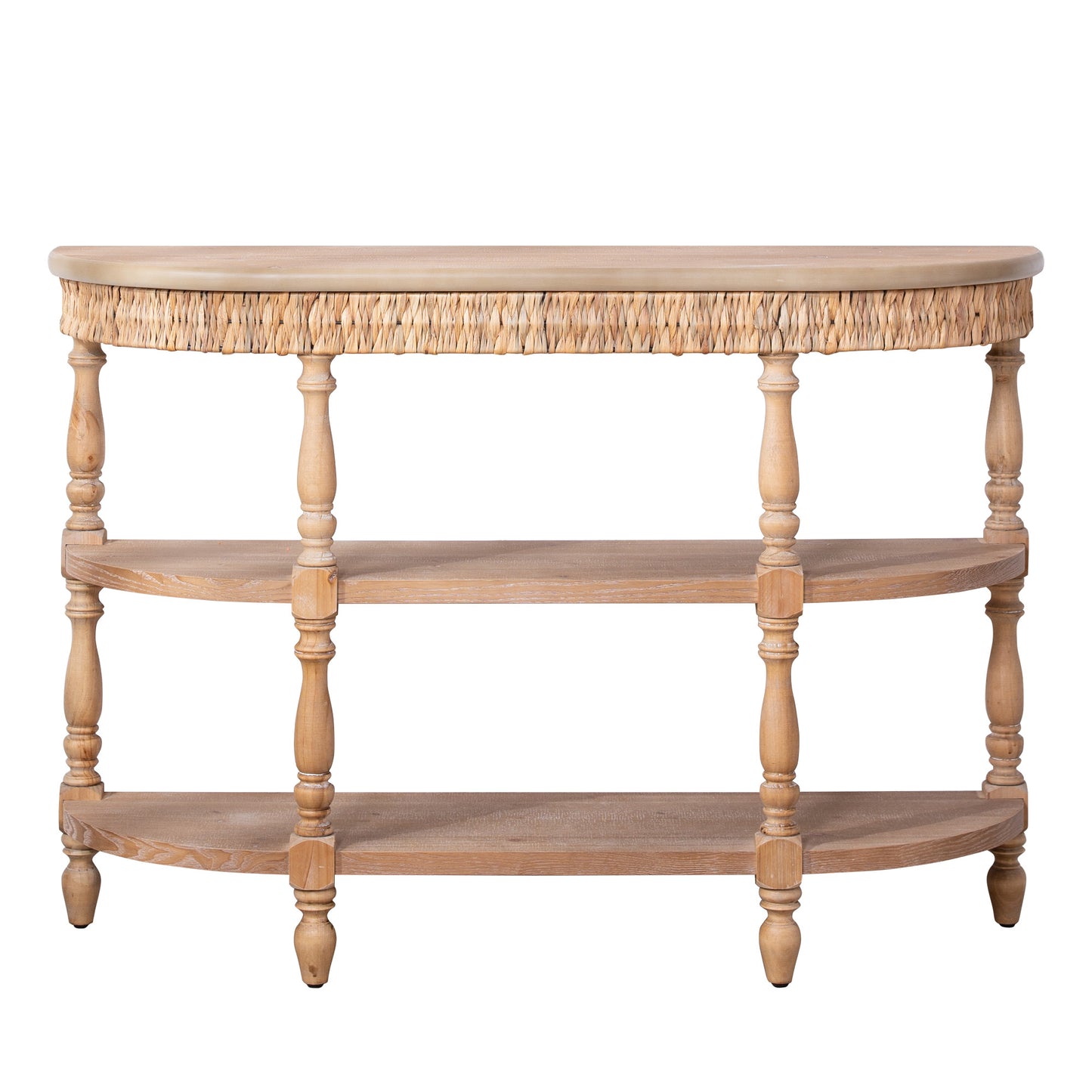 Handcrafted Wood Console Table With Hand-Woven Trim, 3-Tier Storage Shelves, Oval Entryway Table With Carved Legs, Rustic Coastal Farmhouse Accent Table, 49  Hallway Sofa Table