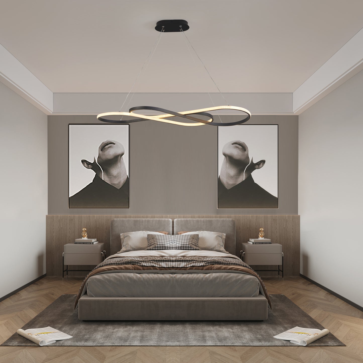39 Modern LED Pendant Light, Infinity Design Hanging Ceiling Fixture, Adjustable Height, Dimmable For Living Room, Dining Room, Bedroom, Black Finish