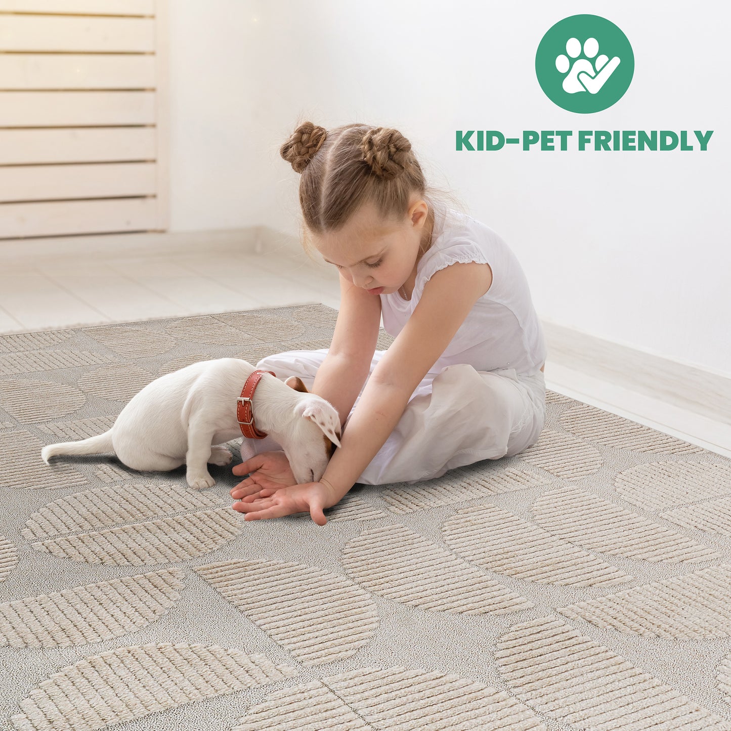 Step Collection High-Low Beige Indoor Area Rug, 5'3''x7'6'', Modern, Contemporary, Geometric, Bohemian, Bedroom, Kitchen, Living Room, Non Shedding Carpet