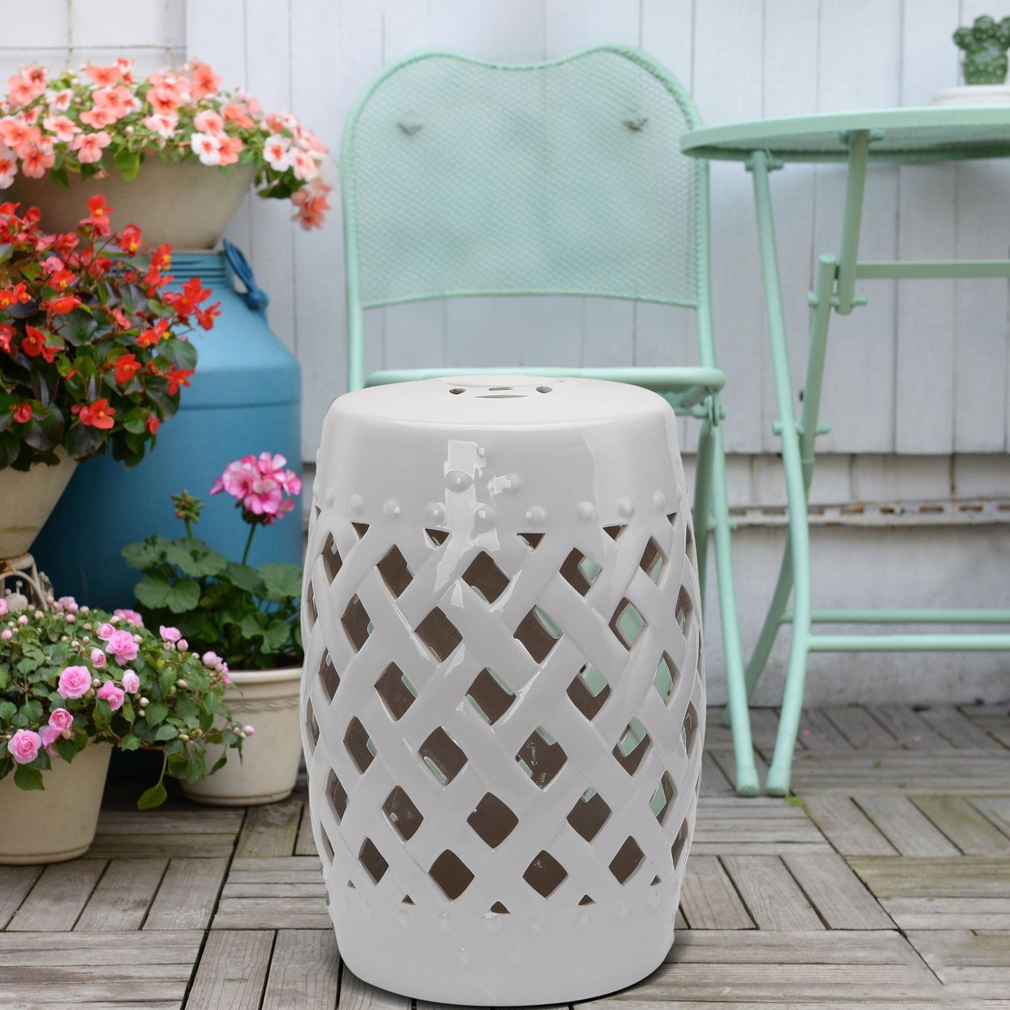13" X 18" Ceramic Garden Stool With Woven Lattice Design & Glazed Strong Materials Decorative Outdoor Stool, White