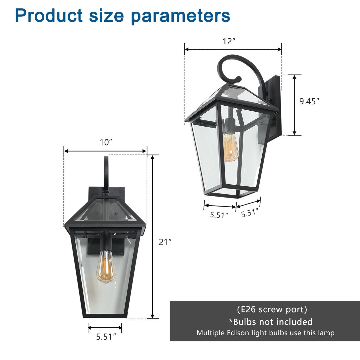 21 H2  Pack Outdoor Wall Lantern Light  Modern Black Metal & Clear Glass Sconce For Porch, Patio, And Garden Lighting Bulb Not Included