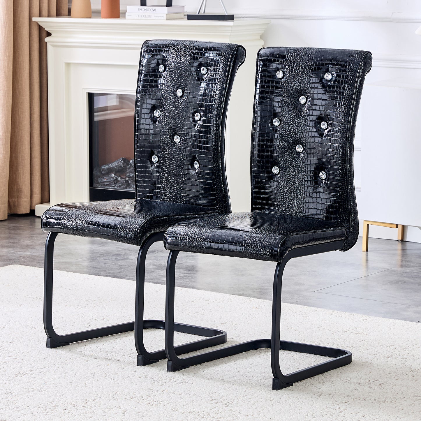 Set Of 4,Retro Alligator Skin Upholstered Dining Chairs,with Crystal Buckle Design And Faux Leather Design,a Touch Of Elegance And Mystery To The Dining Area,Black Spray-painted Metal Bow Leg