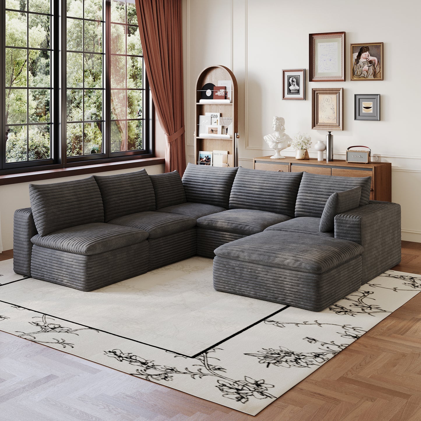 99x103  Cloud Sofa,Corduroy Fabric,Deep Seat Couches,Double-layer Design,Removable  Cushion,No Assembly, DIY Combination For Living Room, Bedroom,Conference Room ,Apartment,Dark Grey