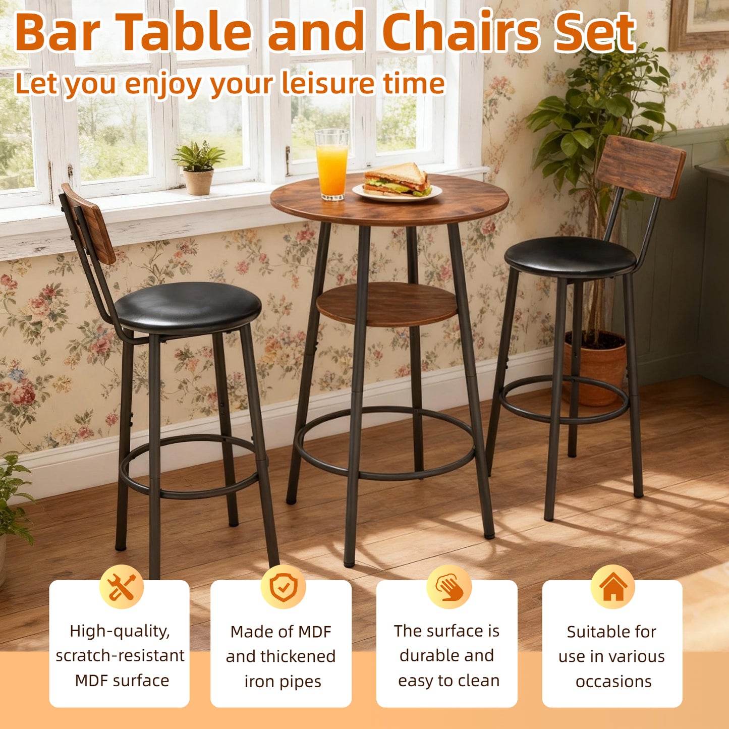 3 Pieces Round Bar Table And Chairs Set, Small Dining Table For 2 With 2-Tier Storage & 2 PU Upholstered Bar Stools For Kitchen, Dining Room, Living Room, Bar, Cafe, Small Space Corner, Rustic Brown