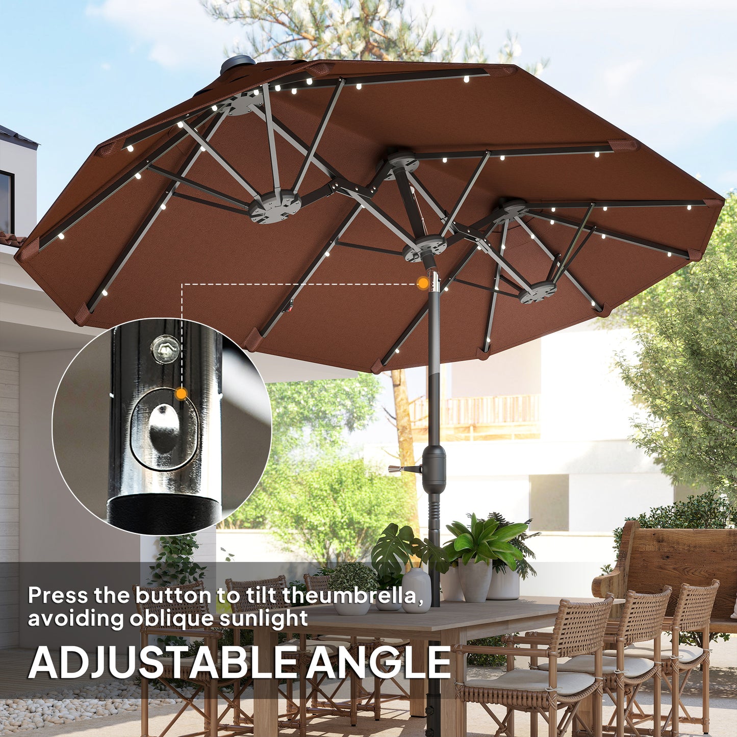 Double-sided Outdoor Patio Umbrella With Solar Lights And Base, Dining Table Umbrella Push Button Tilt, Coffee