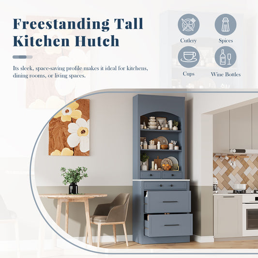 TOPMAx Modern 83.7inch High Kitchen Pantry  Freestanding Tall Kitchen Hutch With Faux Marble Top  Display Cupboard Cabinet With 5 Storage Drawers And Adjustable Shelf  Gray