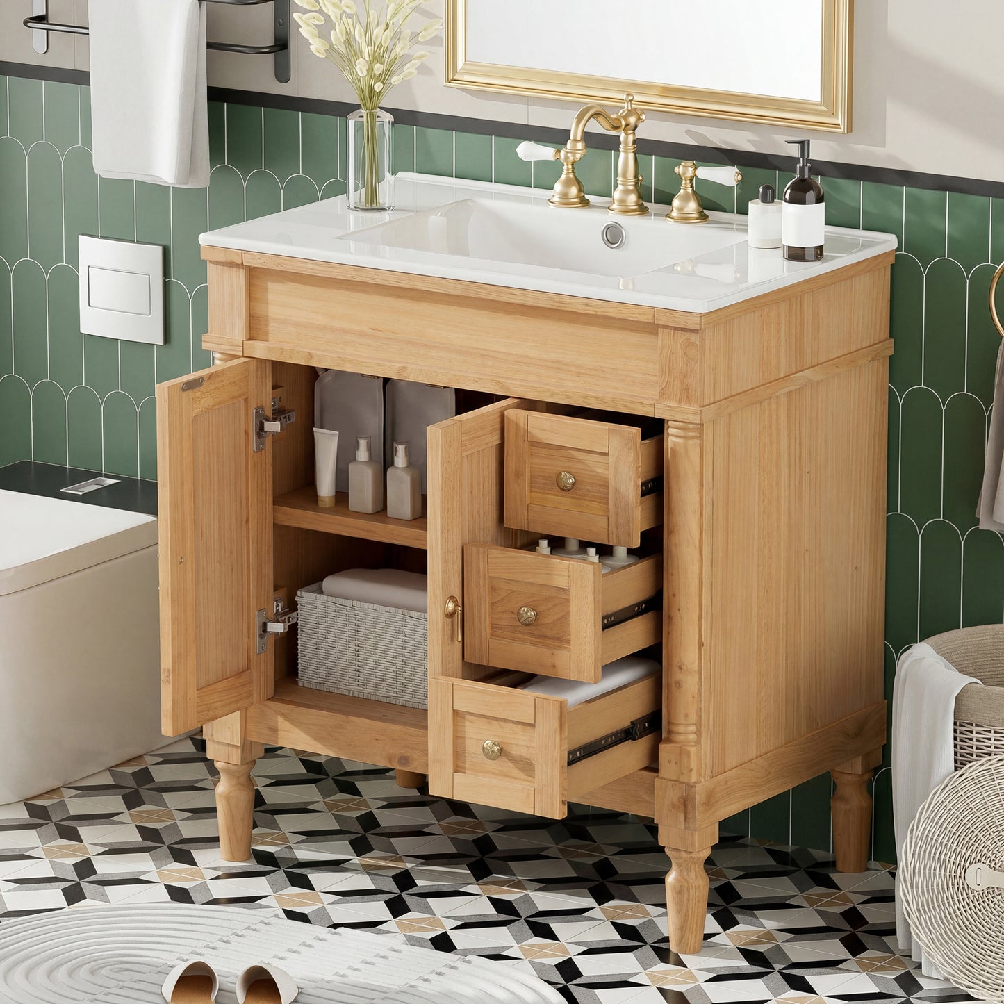 30-Inch Modern Bathroom Vanity, Solid Wood Frame   MDF, 2 Doors 3 Drawers, Soft-Close Design, U-Shaped Adjustable Shelf, Ceramic Sink, Bathroom Storage Cabinet Set, Modern Elegant Design