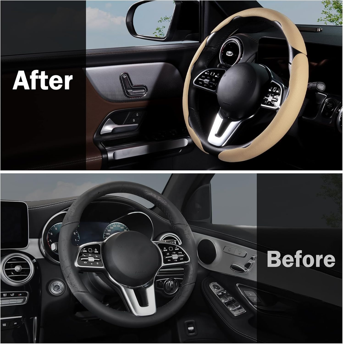 Car Steering Wheel Cover - Leather Snap-on Three-piece Set - Anti-slip Protection Cover - Steering Wheel Control Accessory - Universal Style - White