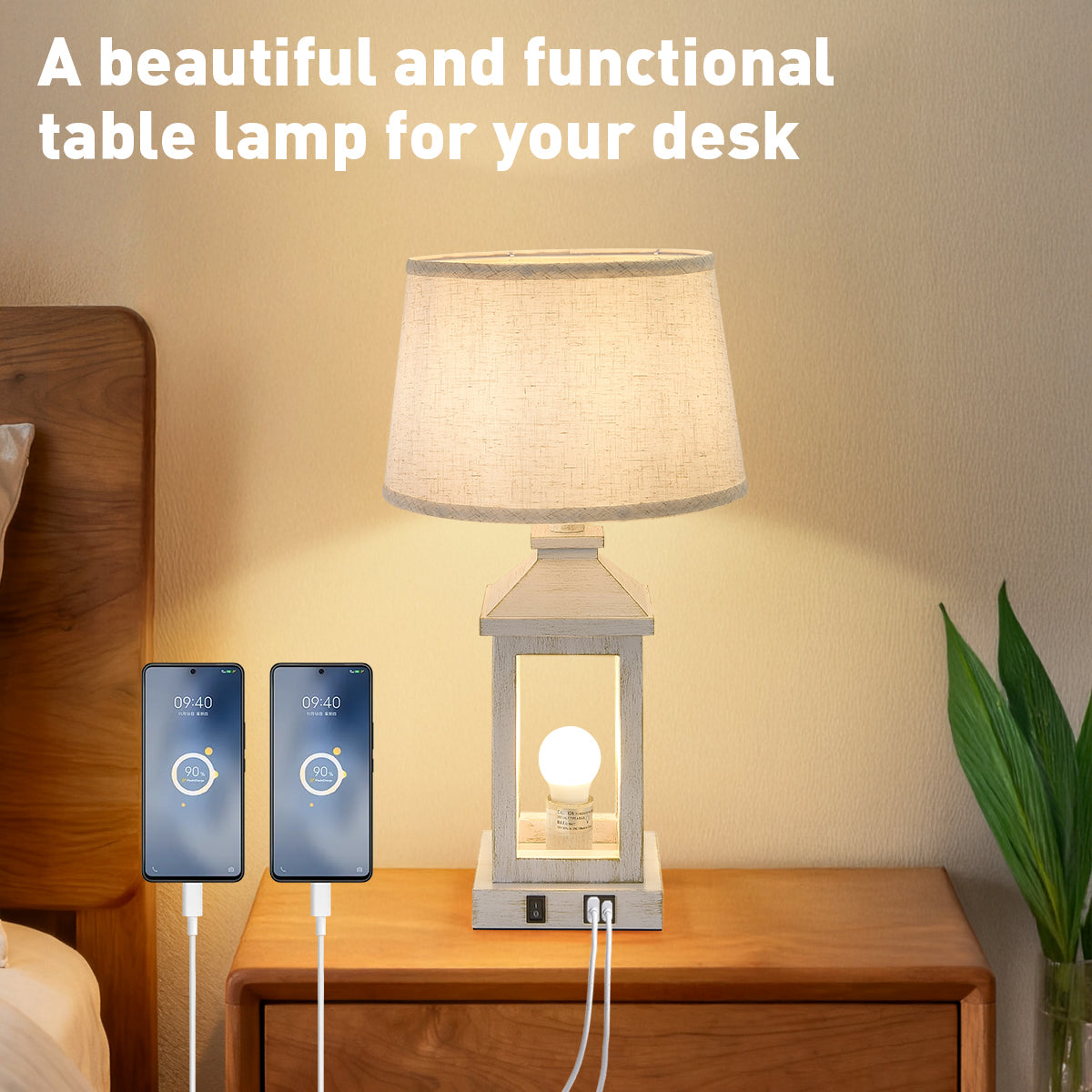 20.5 Set Of 2 Vintage Table Lamps For Living Room,Farmhouse Industrial Nightstand Lamp With USB C  A  Outlet,White Bedside Lamps For End Table With Nightlight Including Light Bulbs