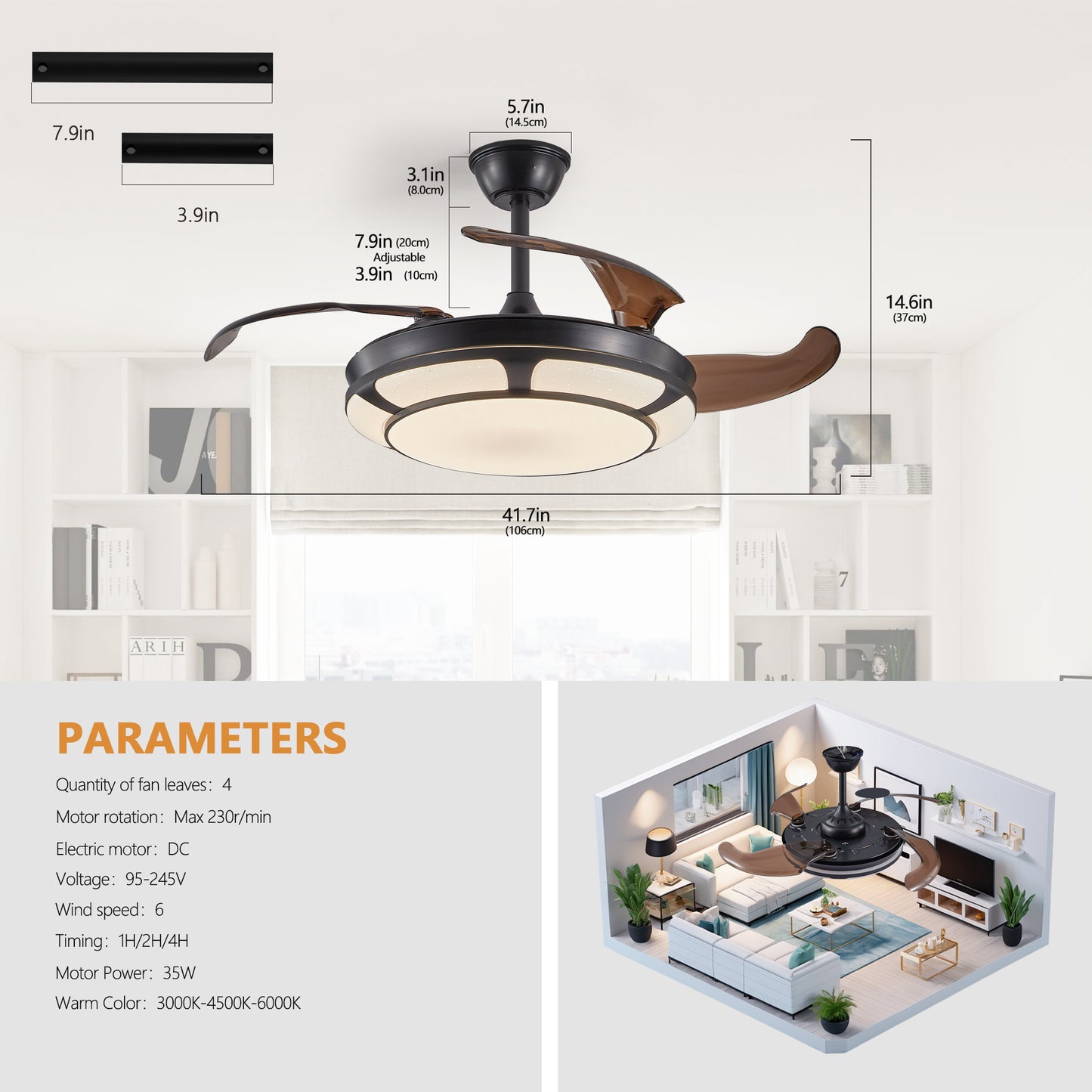 42 Retractable Ceiling Fan With Light, Modern LED Chandelier Fan With Remote Control, 6 Speed Adjustable Blades, Quiet DC Motor, Dimmable Lighting For Living Room, Bedroom, Dining Room