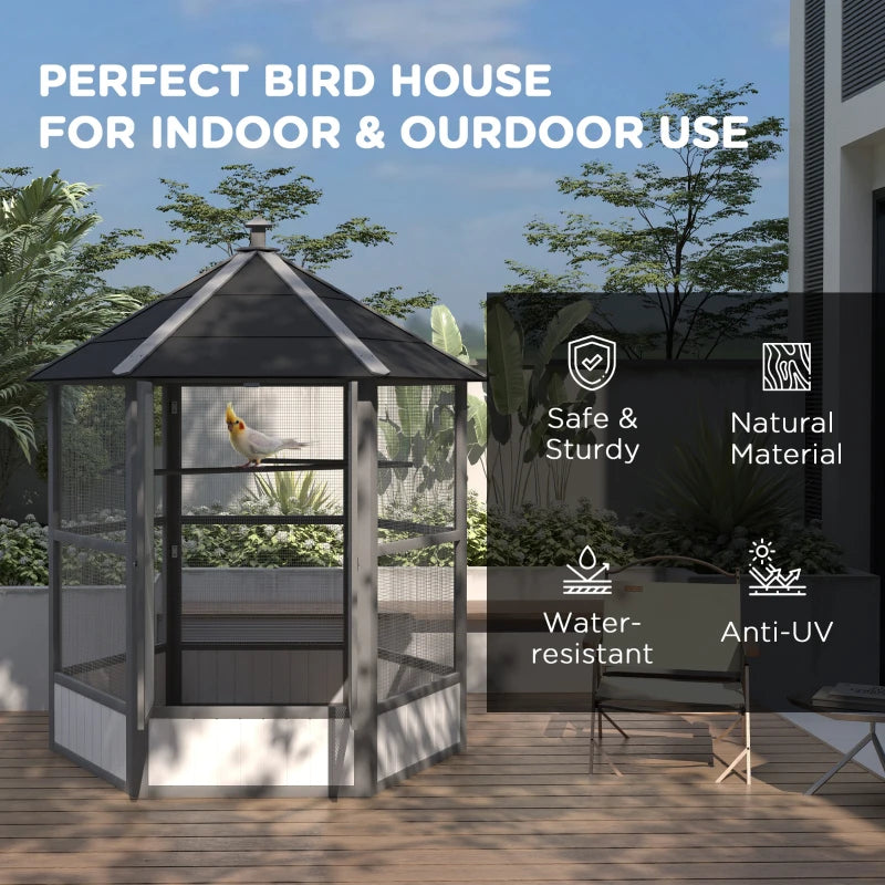 69 Wooden Hexagonal Outdoor Aviary Flight Bird Cage With Covered Roof, Light Gray
