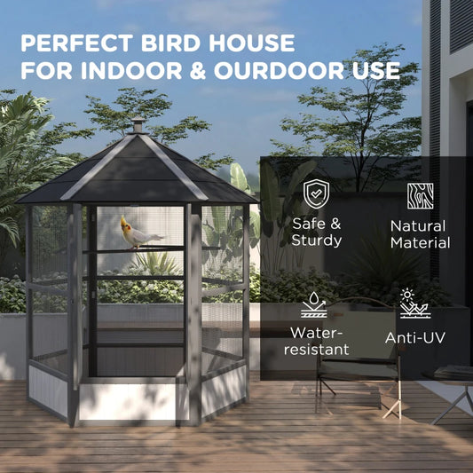 69 Wooden Hexagonal Outdoor Aviary Flight Bird Cage With Covered Roof, Light Gray