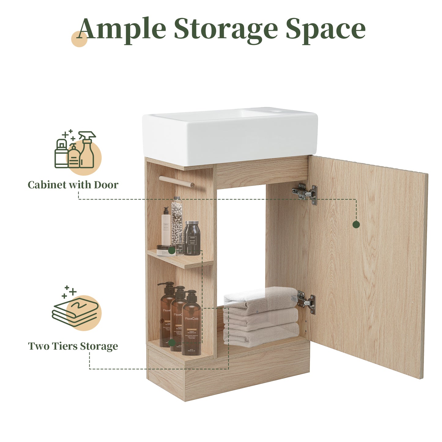 18.6 Bathroom Vanity With Sink, Bathroom Vanity Cabinet With Two-tier Shelf, Left Or Right Orientation, Natural