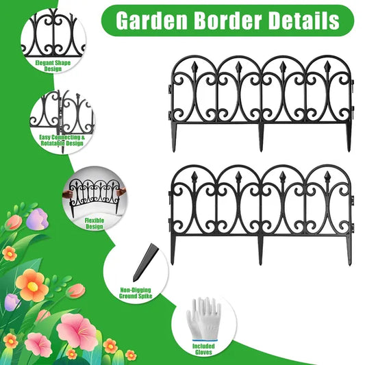 10 Packs Garden Decorative Lawn Edging Border PP Garden Fence Panels Easy Assembly Outdoor Flower Bed Landscape Fencing No-Dig Spikes With Gloves Total 19.3FT