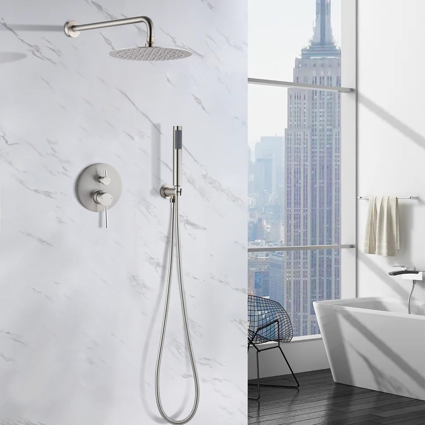 Wall Mounted Round Shower Combo Set With 10  Rain Shower Head And Handheld Shower Head Set With Pressure Balancing Valve
