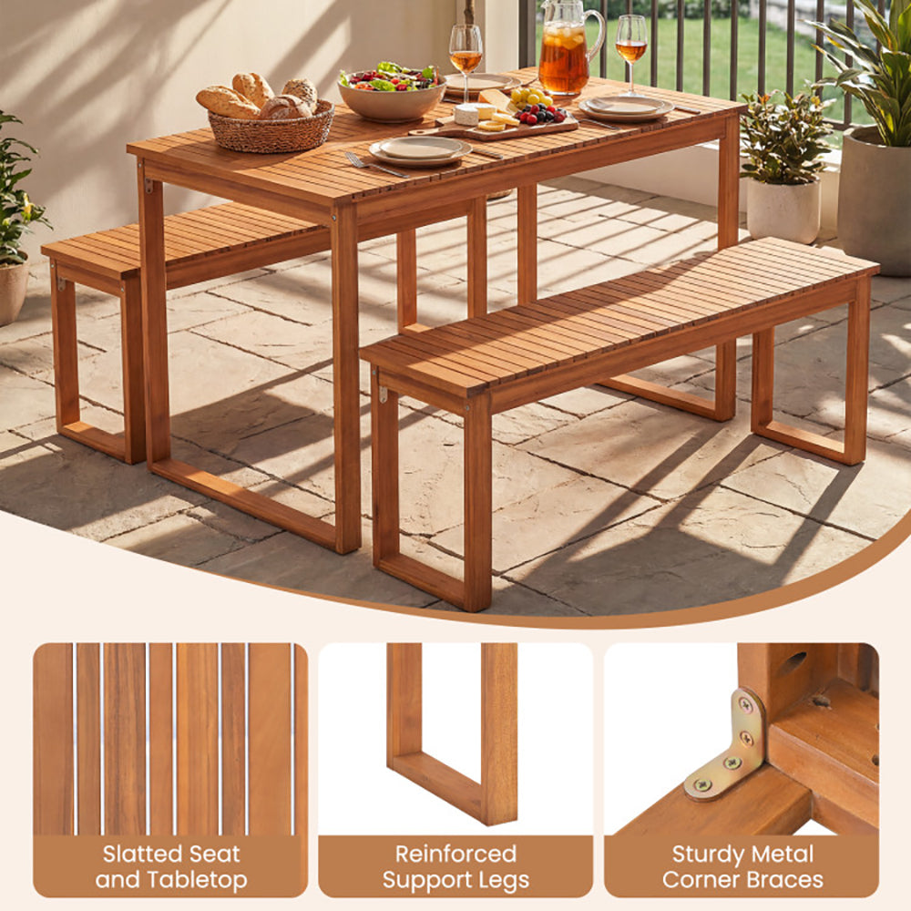 3 Pieces Acacia Wood Picnic Set With Outdoor Dining Table And 2 Benches For 4 People For Patio, Garden, Yard, Or Poolside Use