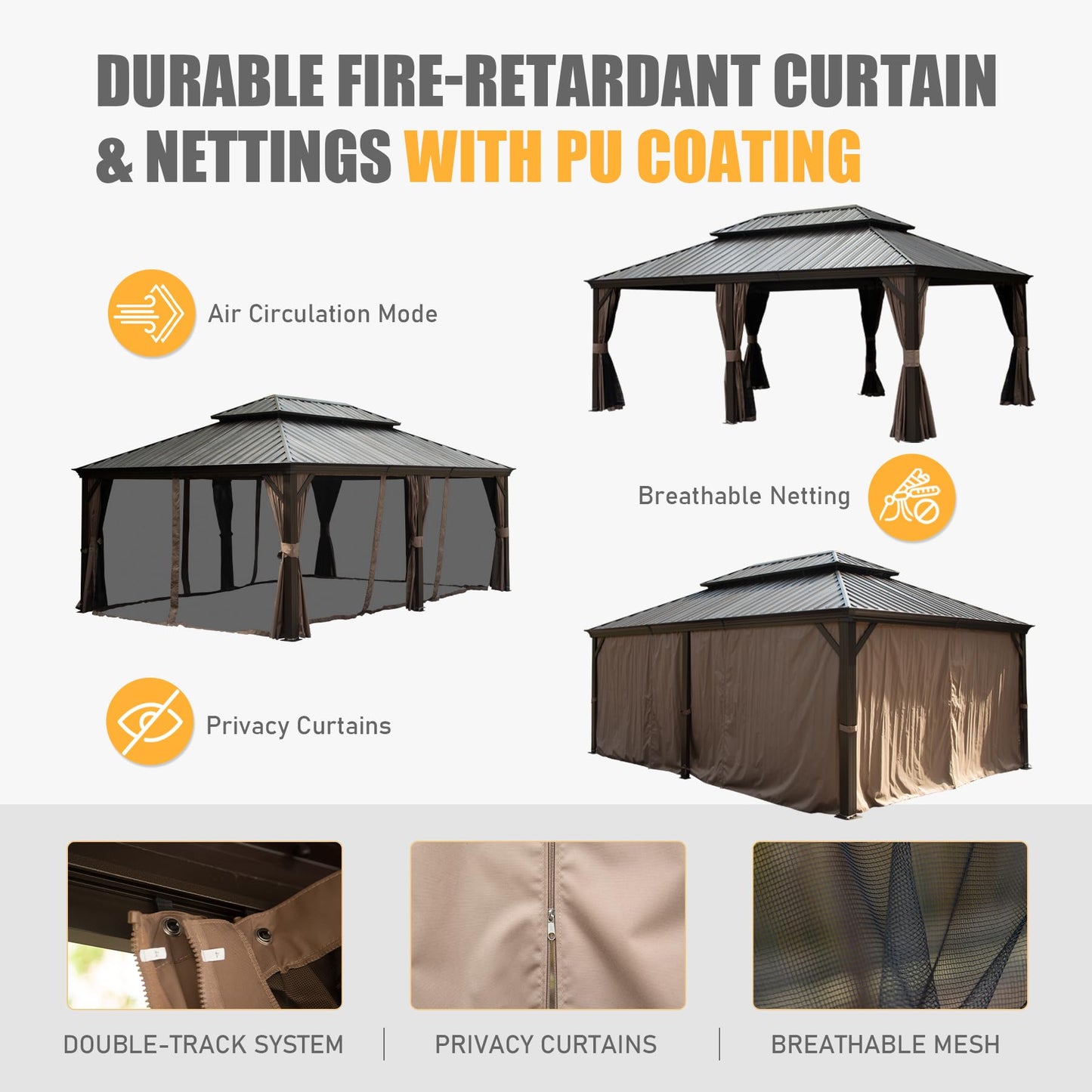 14x20FT Hardtop Gazebo, Permanent Metal Gazebo With Galvanized Steel Double Roof And Aluminum Frame, Curtain And Netting, Large Pavilion Gazebo For Patio Deck Garden