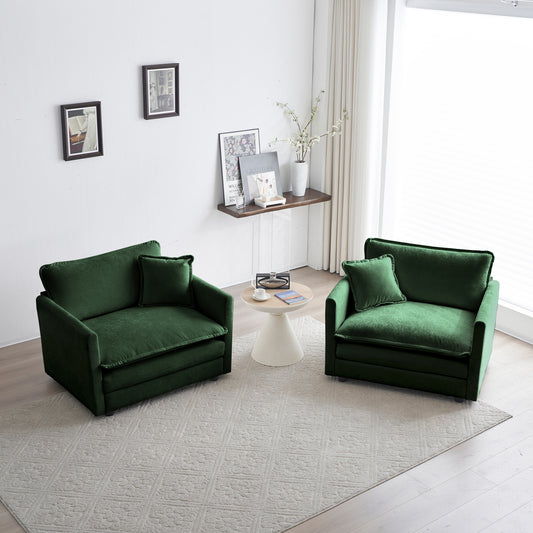 Accent Chair Set Of 2, High-end Chenille Upholstered Armchairs, Living Room Side Chairs With Toss Pillow, Green Chenille