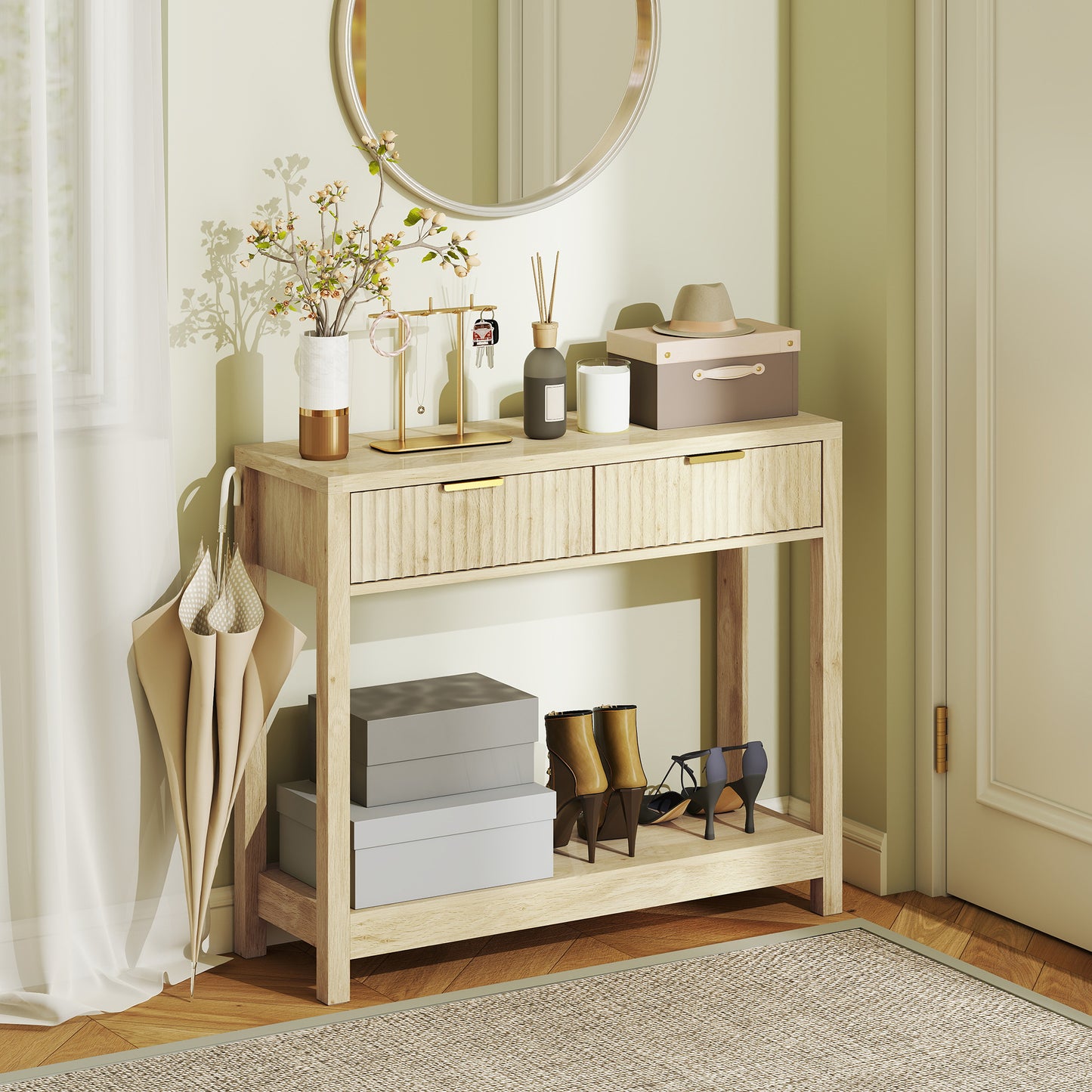35" Console Table With Storage, Narrow Entryway Table With Fluted Panel Drawers And Shelf For Hallway, Natural