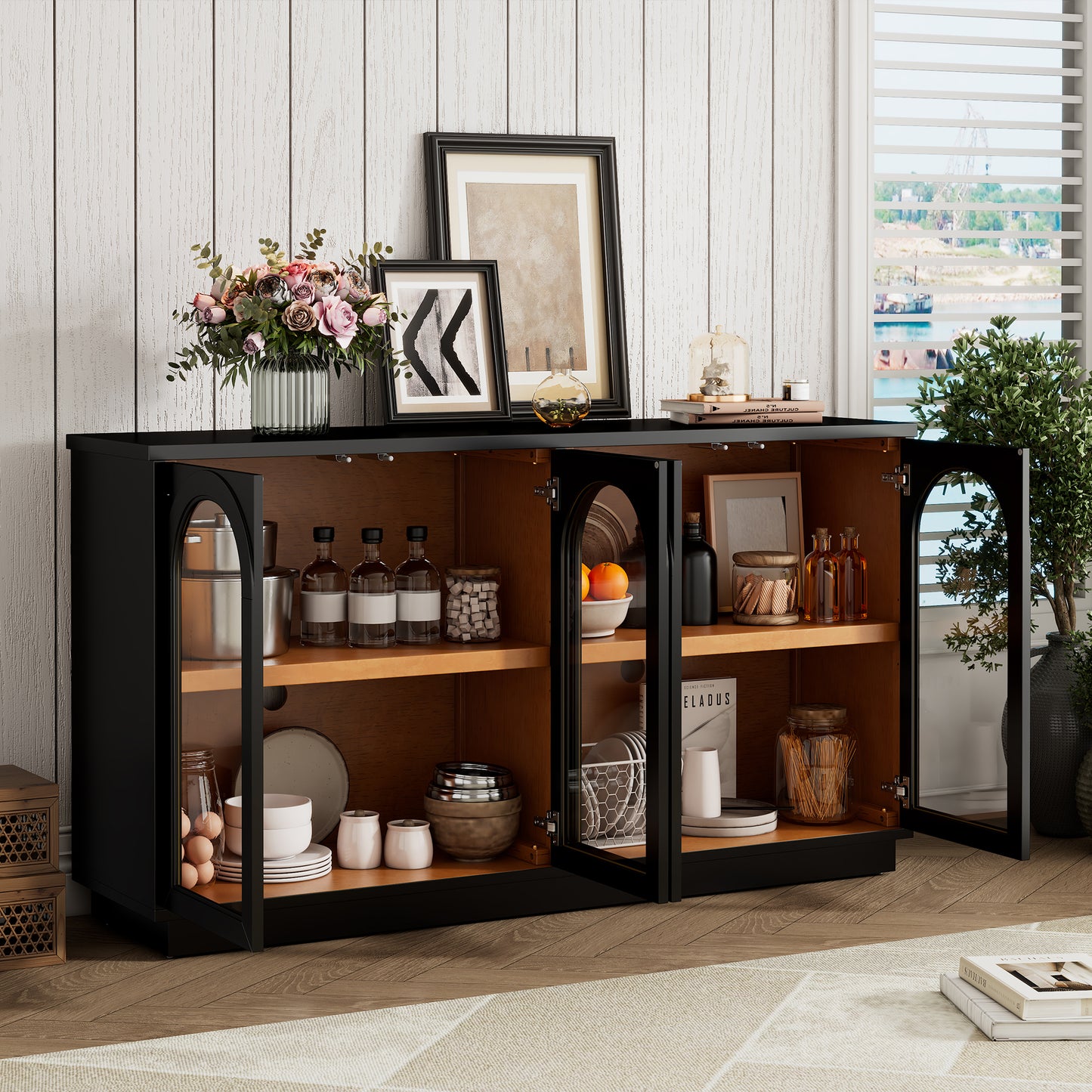 TREXM 4-Door Large Storage Buffet Cabinet With Glass Doors  Arched Cabinet With Adjustable Shelves For Kitchen  Dining Room And Living Room  Black
