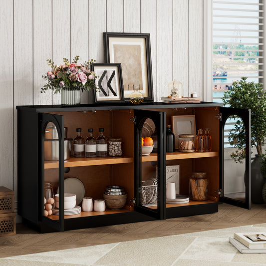 TREXM 4-Door Large Storage Buffet Cabinet With Glass Doors  Arched Cabinet With Adjustable Shelves For Kitchen  Dining Room And Living Room  Black