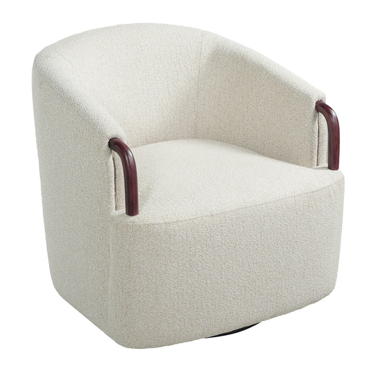 30  Modern Boucle Swivel Barrel Chair With Solid Wood Accents, Soft Durable Upholstery & 360 Swivel Base, Ideal For Living Room, Bedroom, Or Office