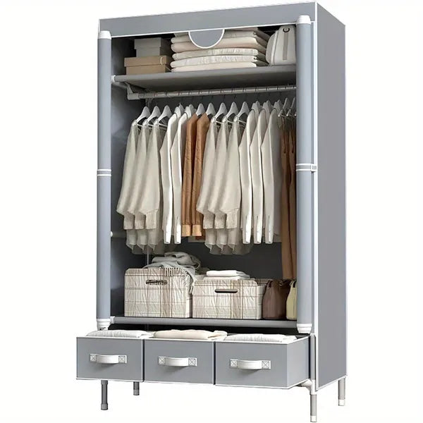 Portable Clothes Closet Rolling Door Wardrobe With Hanging Rack Non-Woven Fabric Storage Organizer With Three Drawer Boxes No-Tool Assembly - 67inx35.4inx17.7in Gray