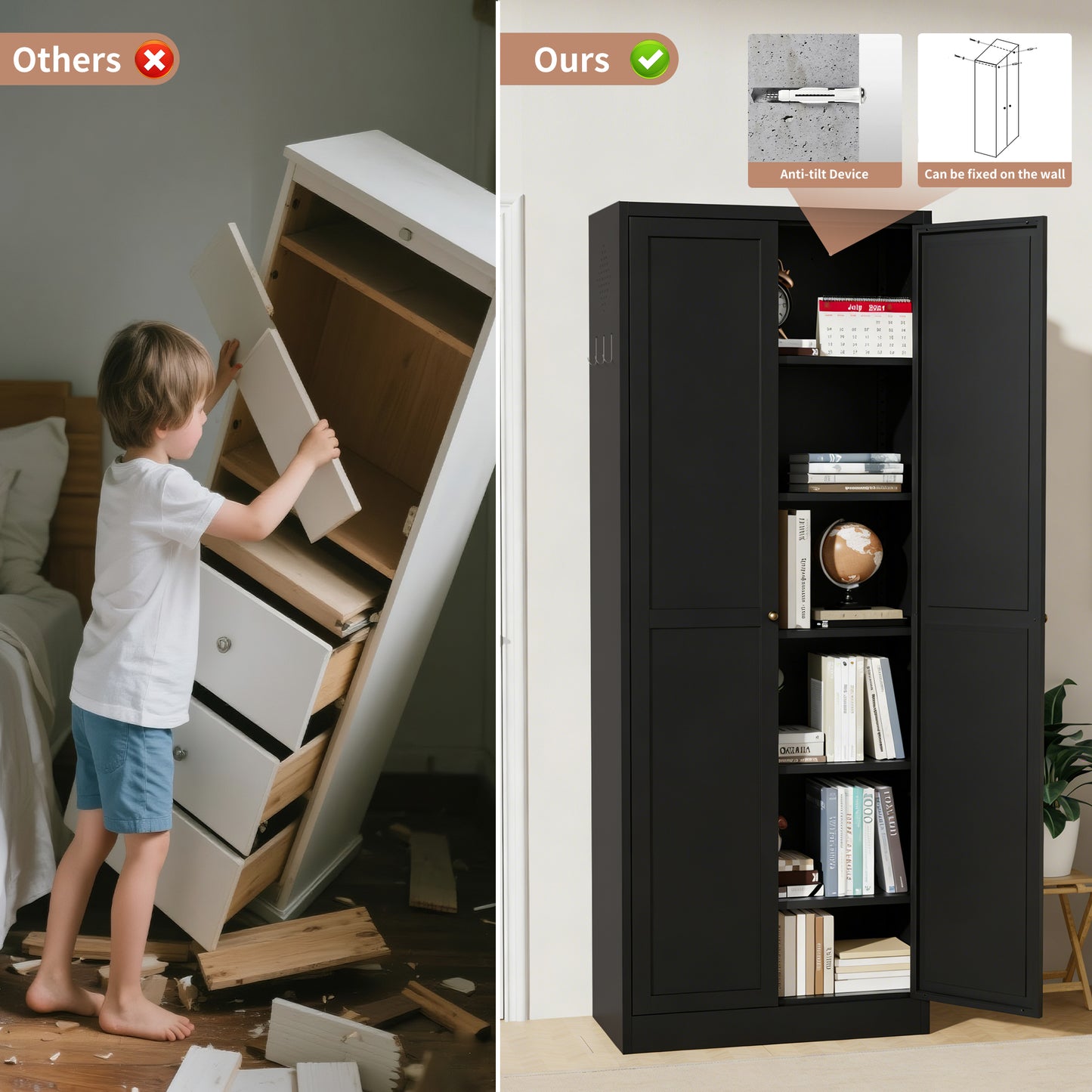 72  Black Metal Kitchen Pantry Cabinet With Doors, Heavy-Duty Freestanding Storage Organizer With 5 Adjustable Shelves, Tool-Free Assembly For Pantry, Kitchen, Bathroom