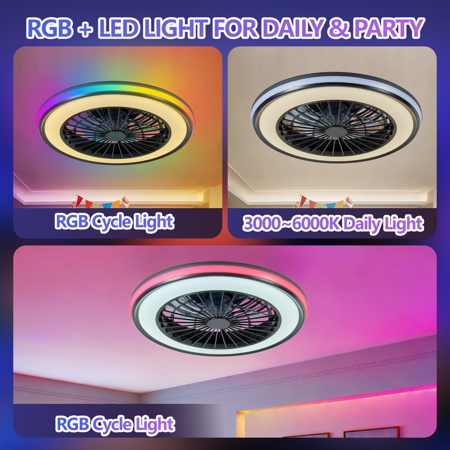Modern LED Ceiling Light With Fan, RGB Ceiling Fan Lights, Infinitely Dimmable Light ForLiving Room, Bedroom, Office, 3000-4500-6000 K  Black & 20 & RGB