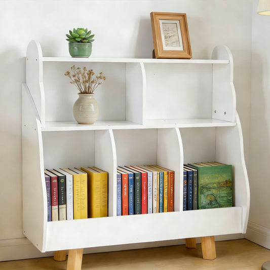 3 Tier Kids Bookshelf Toy Storage Organizer Toddler Bookcase With 5 Open Storage Boxes Curved Design Solid Wood Legs For Nursery Living Room Playroom White