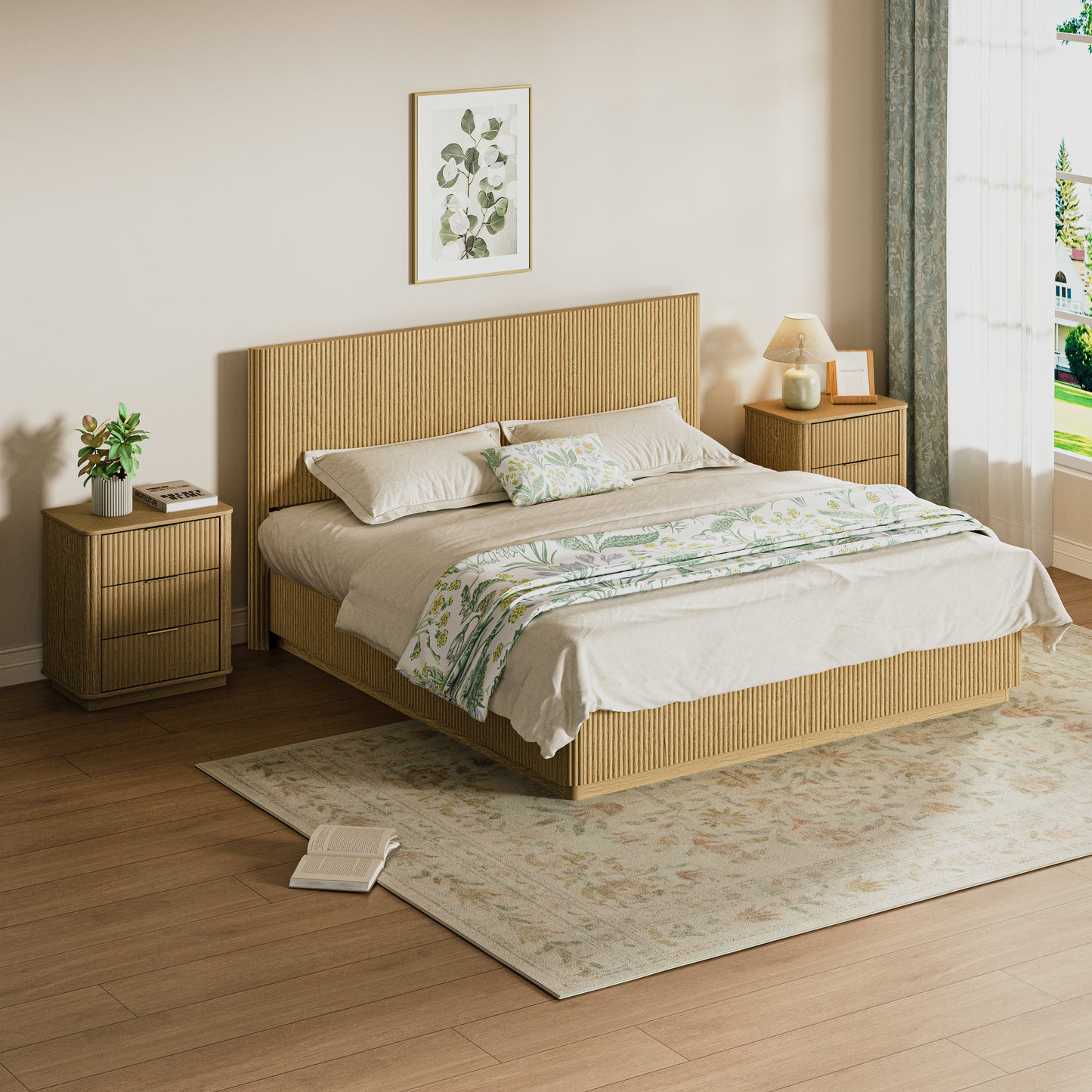 Kind Size Bed Frame With LED Lights, Modern Wooden Corrugated Curved Lines, Convex Groove Board Design, Oak.