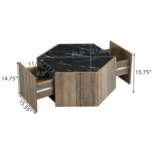 Hexagonal Rustic Retro Wood Coffee Table, With 2 Hidden Drawers, Textured Black Marble Tops, Light Brown Oak Finish - Perfect For Living Room & Reception Areas