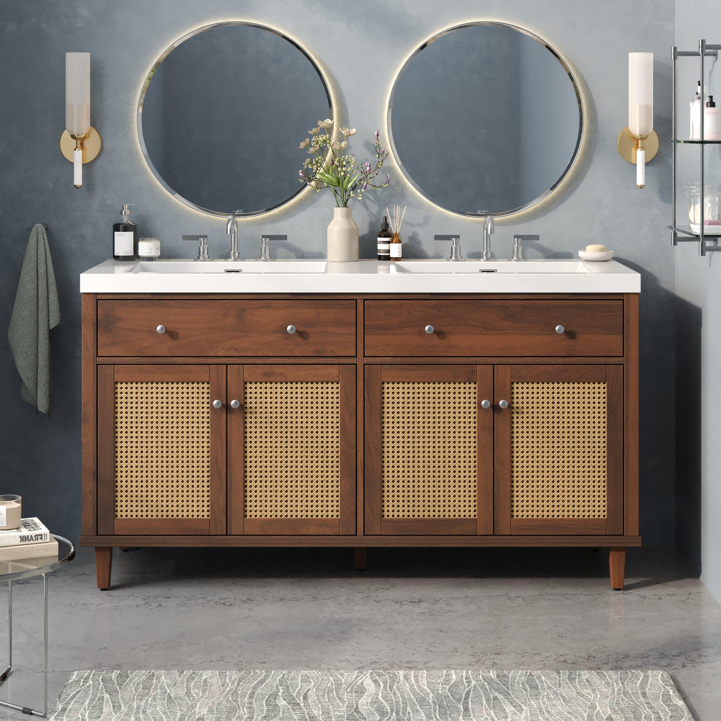 60 Inch Bathroom Vanity With Double Sink   SMC Sink  , Large Storage Space With 2 Tip-Out Trays   Flip-Out Drawers And 4 Soft Closing Doors, Solid Wood Legs And Silver Metal Knobs, Brown
